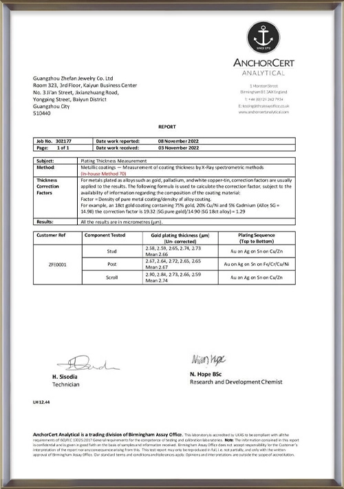 18K Gold Thickened 2.5μm Plating Test Report - Zhefan Jewelry - Zhefan Jewelry