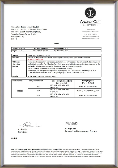 18K Gold Thickened 0.5μm Plating Test Report - Zhefan Jewelry - Zhefan Jewelry