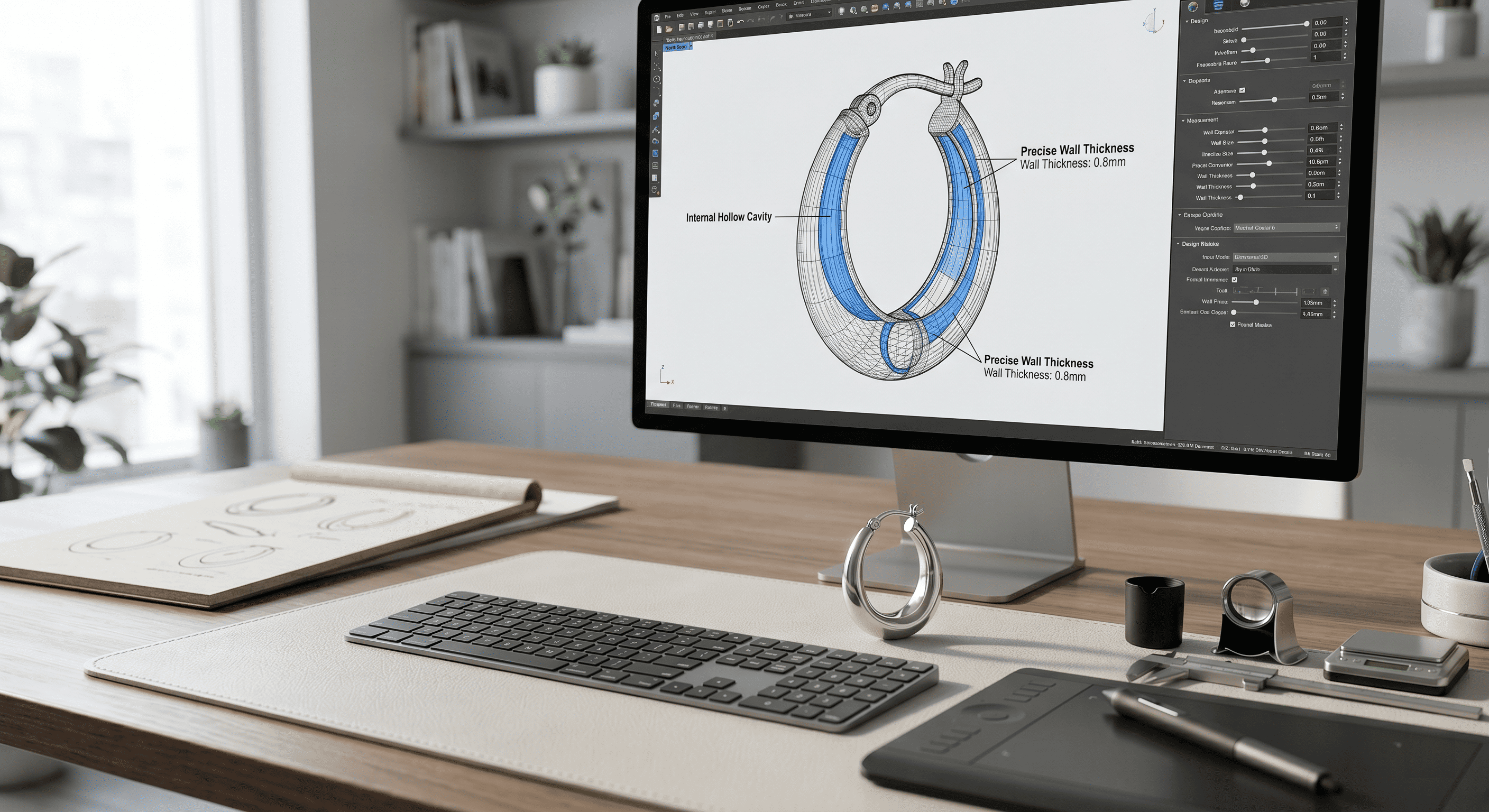 A high-end monitor clearly displays a complex 3D CAD wireframe model of an elegant sterling silver hoop earring (1) A high-end monitor clearly displays a complex 3D CAD wireframe model of an elegant sterling silver hoop earring (1)