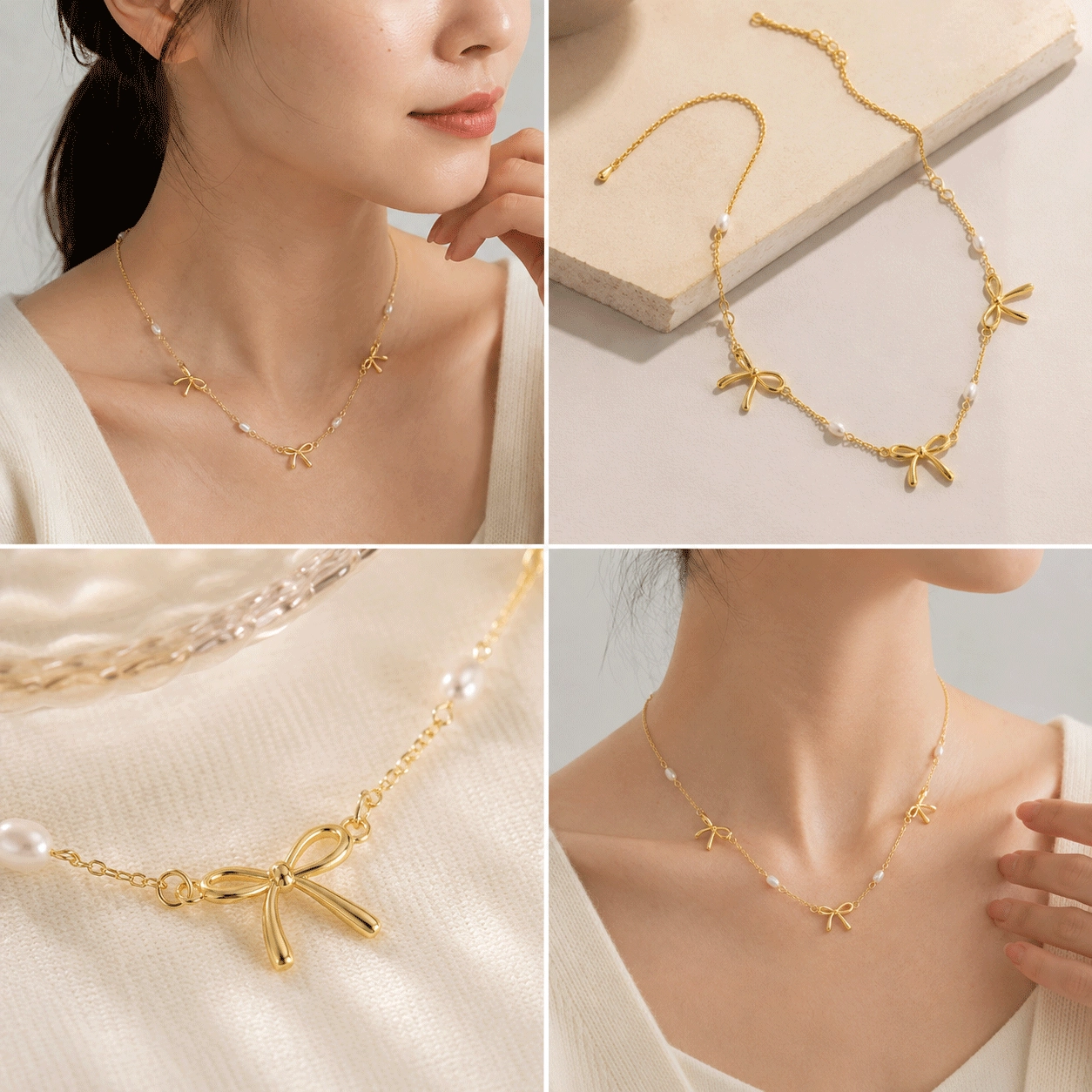 Bow pendant pearl necklace featuring freshwater pearls and a polished metal finish