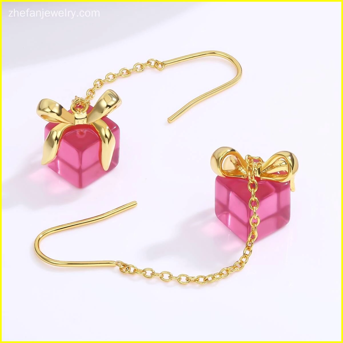 Chrstmas Pink Bow Gift Chain Earring 2 - Zhefan Jewelry