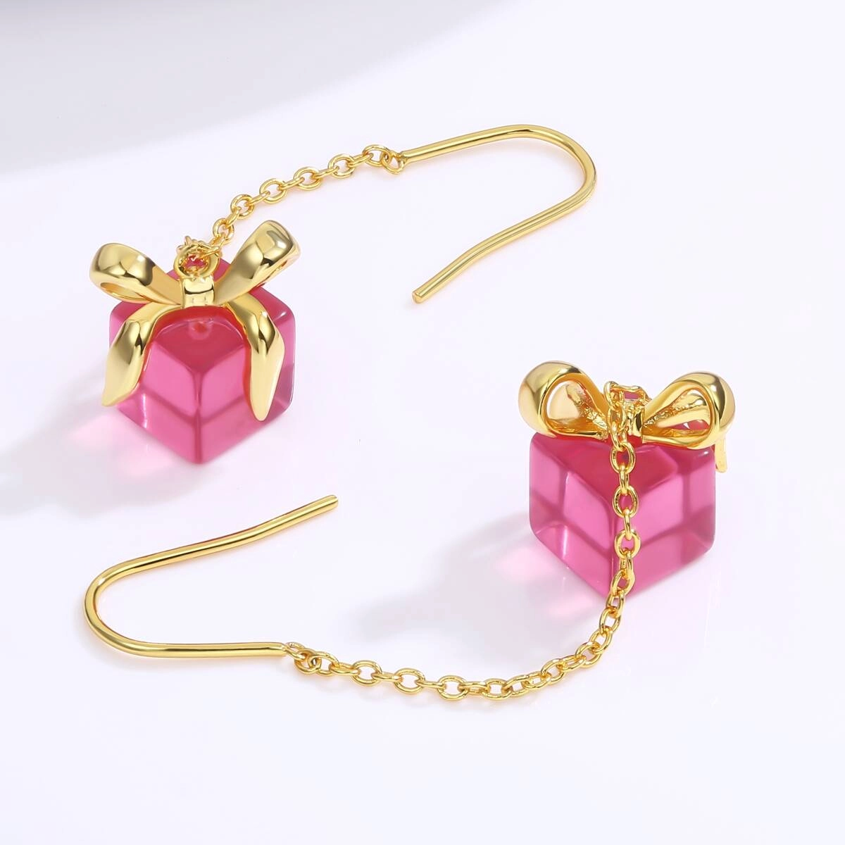 Chrstmas Pink Bow Gift Chain Earring 2
