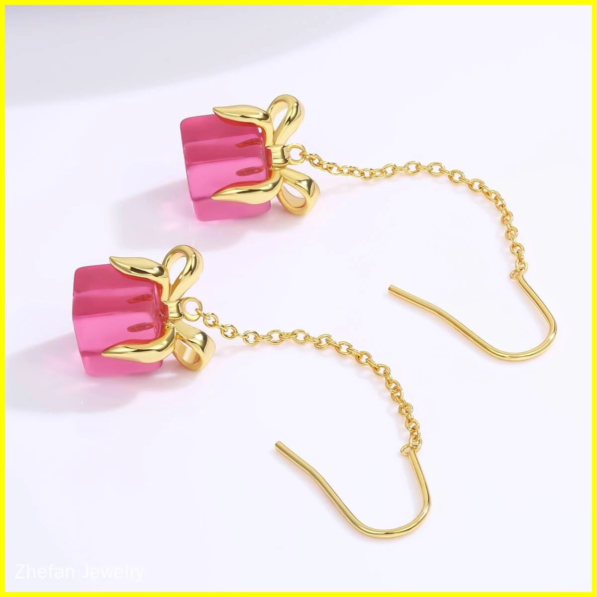 Chrstmas Pink Bow Gift Chain Earring 5 - Zhefan Jewelry