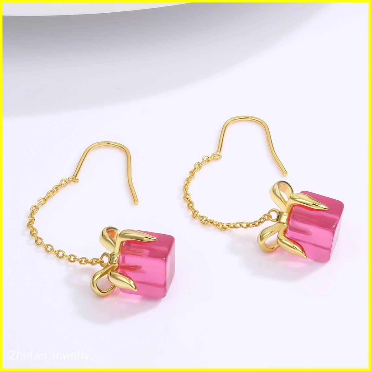 Chrstmas Pink Bow Gift Chain Earring 6 - Zhefan Jewelry