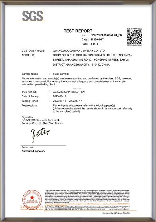 Cu(Brass Jewelry) Content SGS test report-holycome