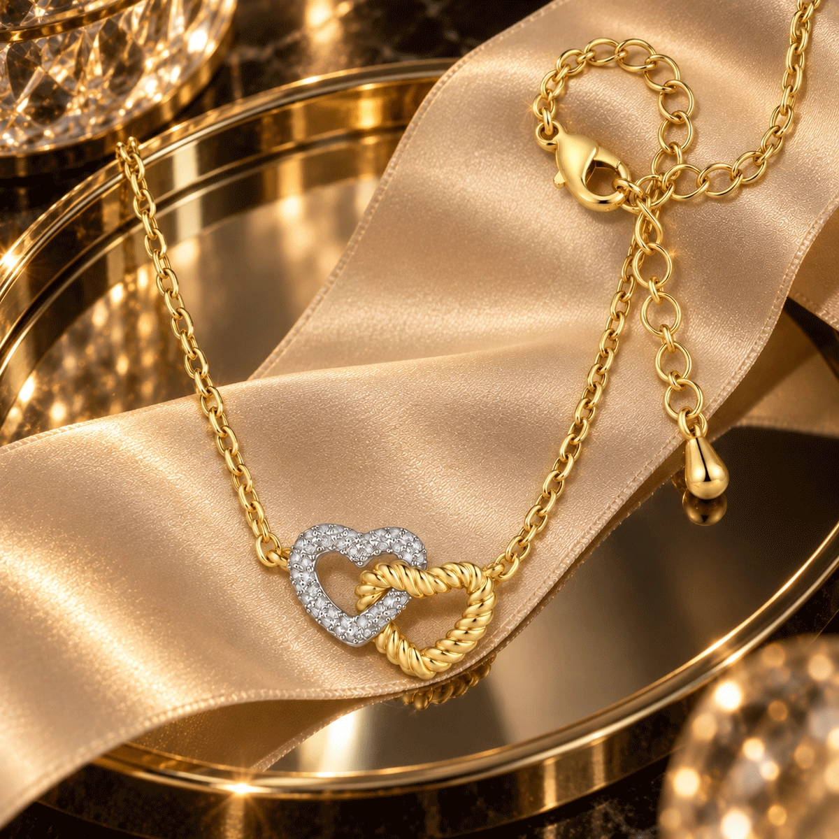 Cubic zirconia necklace featuring a pavé heart linked with a textured heart pendant in a premium product scene - Zhefan Jewelry