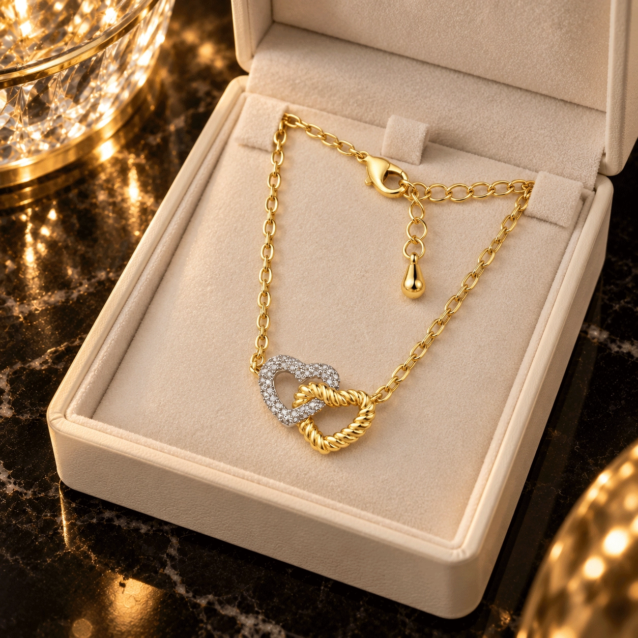 Custom silver necklace with pav&eacute; cubic zirconia double heart pendant developed for jewelry brand collections