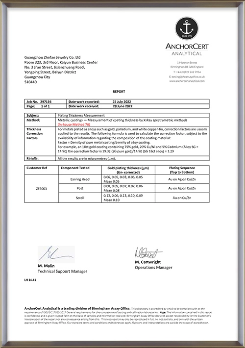 18K Gold Thickened 0.05μm Plating Test Report - Zhefan Jewelry - Zhefan Jewelry
