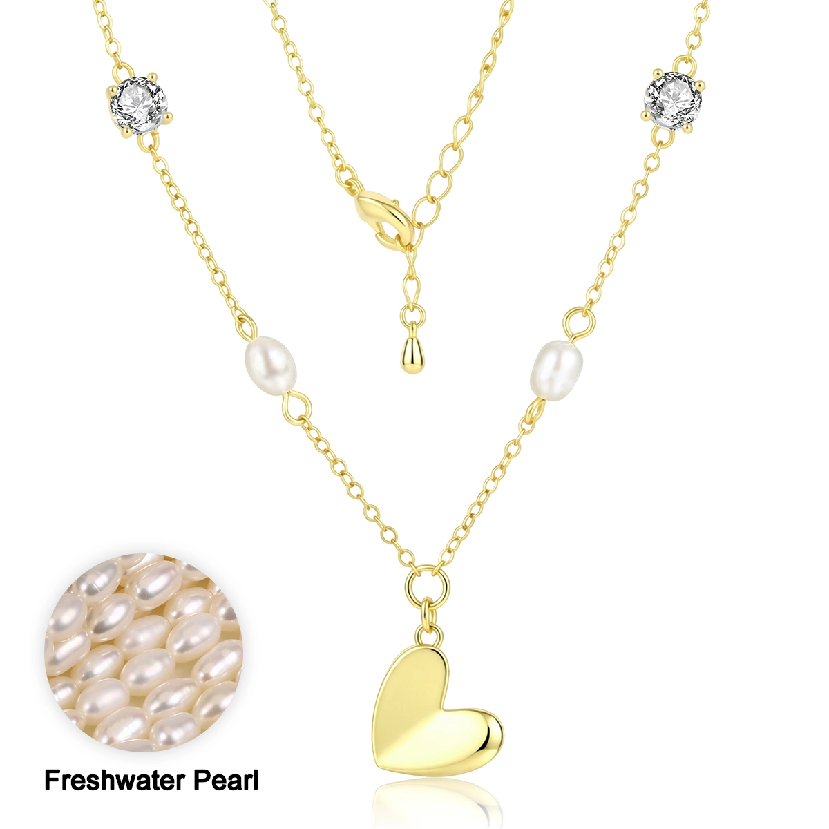 Front view of a freshwater pearl heart pendant necklace with white cubic zirconia accents. - Zhefan Jewelry