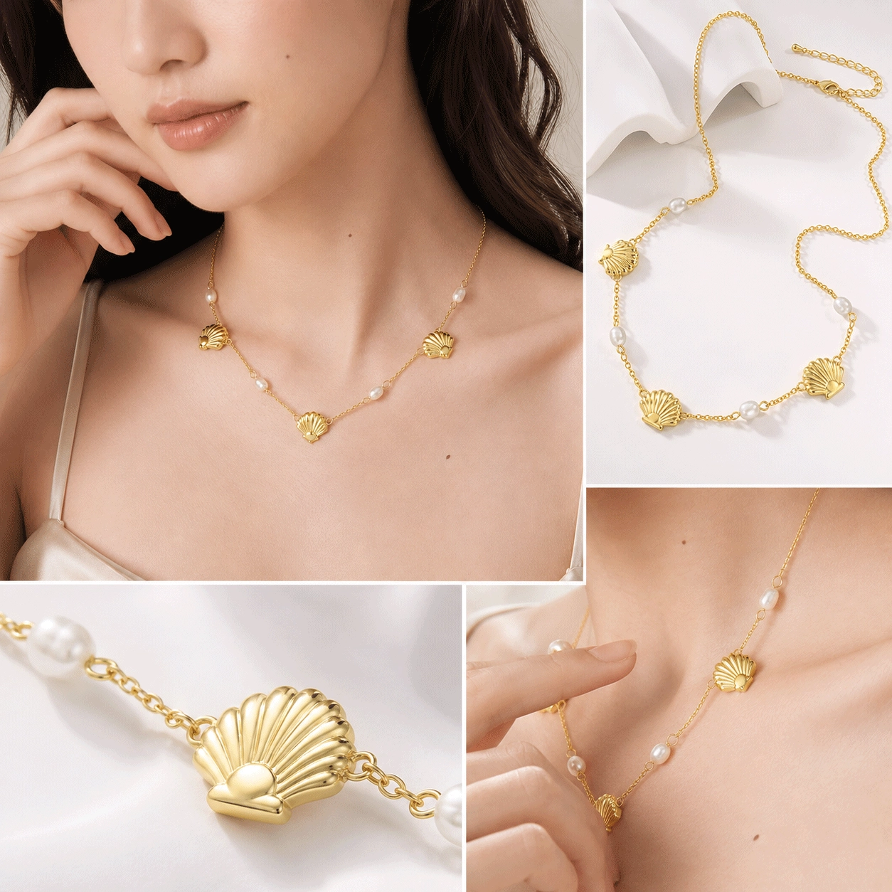 freshwater-pearl-necklace-wholesale-detail-collage - Zhefan Jewelry Wholesale pearl necklace presentation combining model wearing, shell detail and freshwater pearl close-ups - Zhefan Jewelry