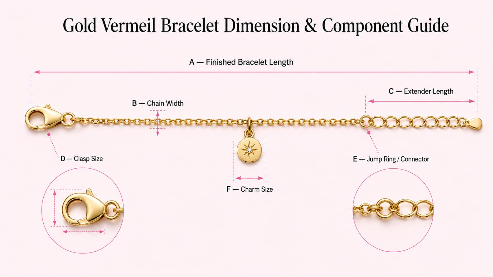 Gold vermeil bracelet dimension guide showing finished length, chain width, extender, clasp, jump ring and charm size