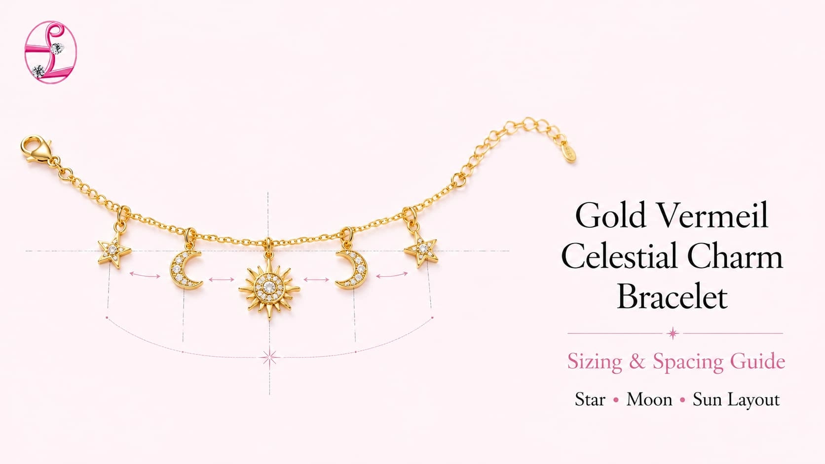Gold vermeil celestial charm bracelet sizing and spacing guide cover showing star moon and sun charm layout - Zhefan Jewelry