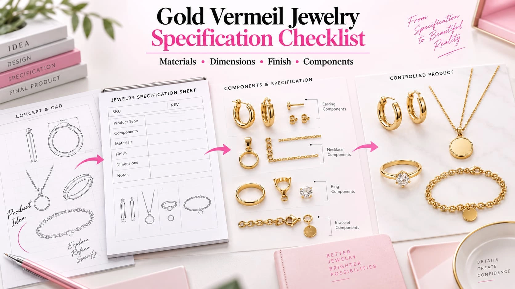 Gold vermeil jewelry specification checklist with materials dimensions finish components and technical drawings - Zhefan Jewelry