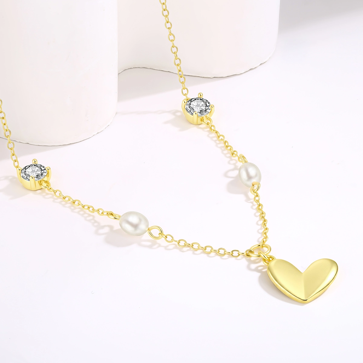 gold-vermeil-pearl-heart-necklace - Zhefan Jewelry Gold vermeil heart pendant necklace with freshwater pearls and a polished chain. - Zhefan Jewelry