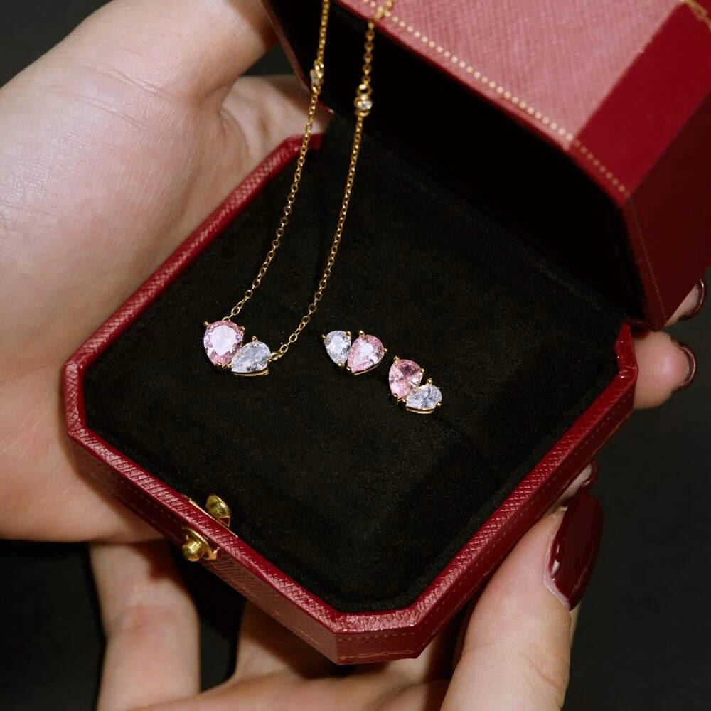 Heart Jewelry Sets with White Pink Zircon 3 Heart Jewelry Sets with White Pink Zircon 3