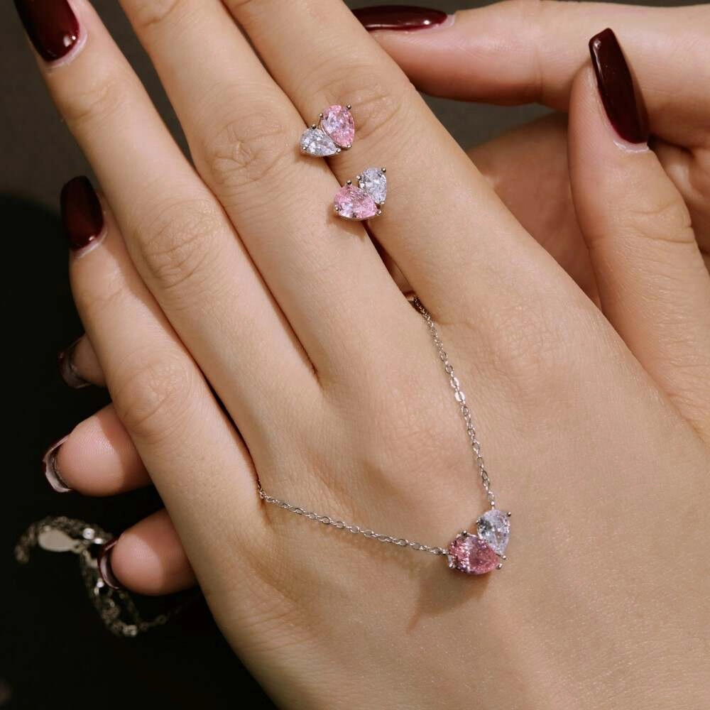 Heart Jewelry Sets with White Pink Zircon 4 Heart Jewelry Sets with White Pink Zircon 4