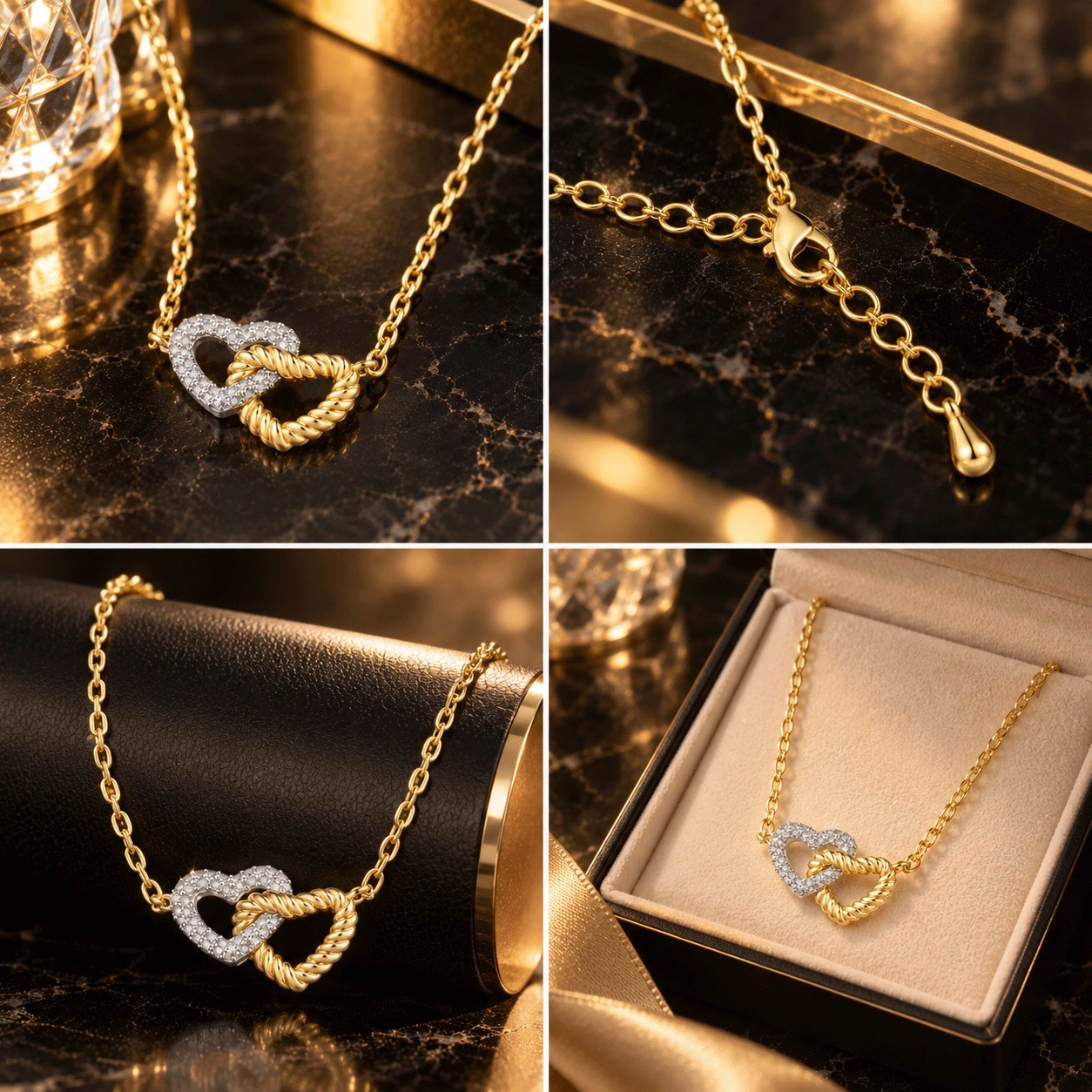Heart pendant necklace with double interlocking hearts shown in a close-up jewelry display setting - Zhefan Jewelry