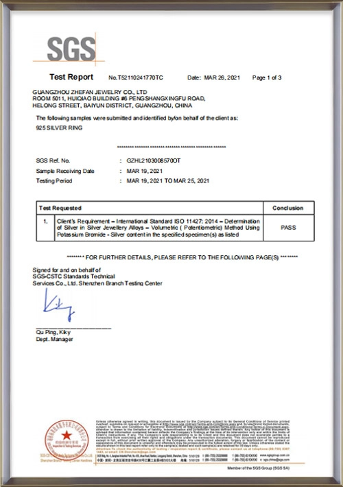 HOLYCOMEjewelry SGS 925 silver contect test report