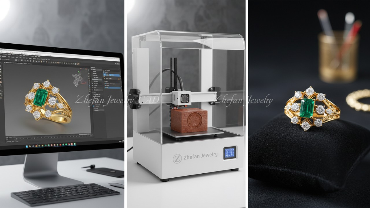 Infographic showing the jewelry manufacturing process from digital CAD design to finished gold ring