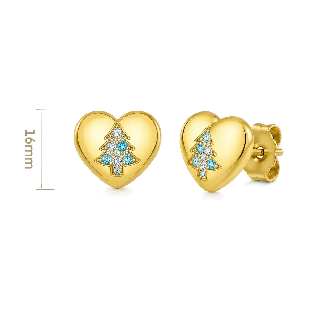 Christmas tree earrings in heart shaped stud design with cubic zirconia festive details - Zhefan Jewelry
