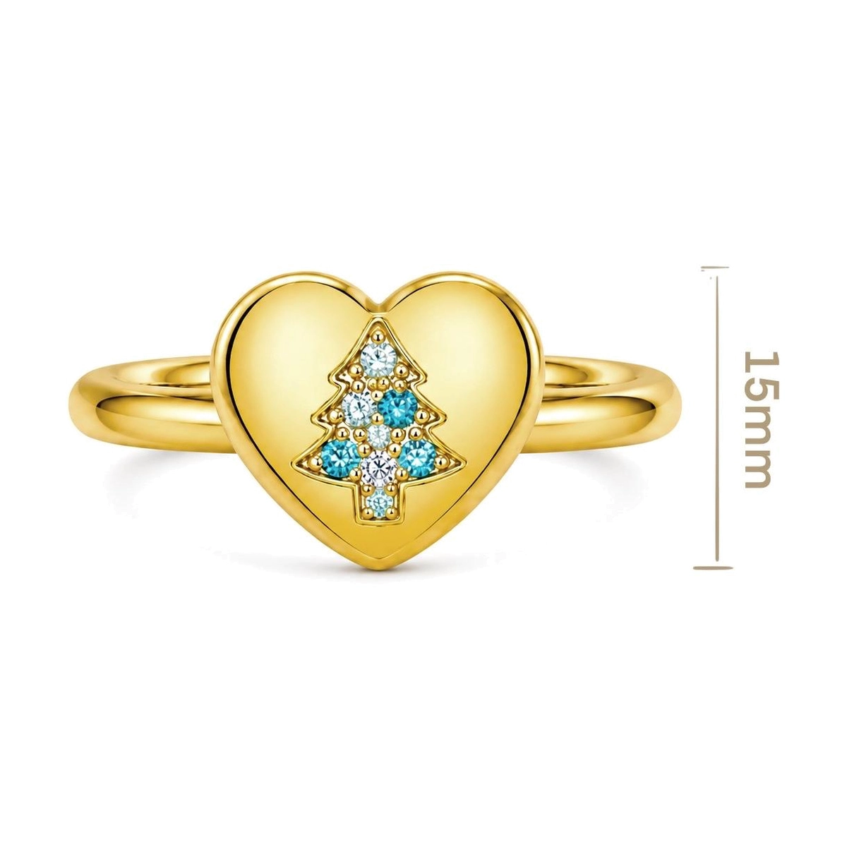 Private label holiday jewelry heart Christmas tree ring with cubic zirconia and festive gold tone finish - Zhefan Jewelry