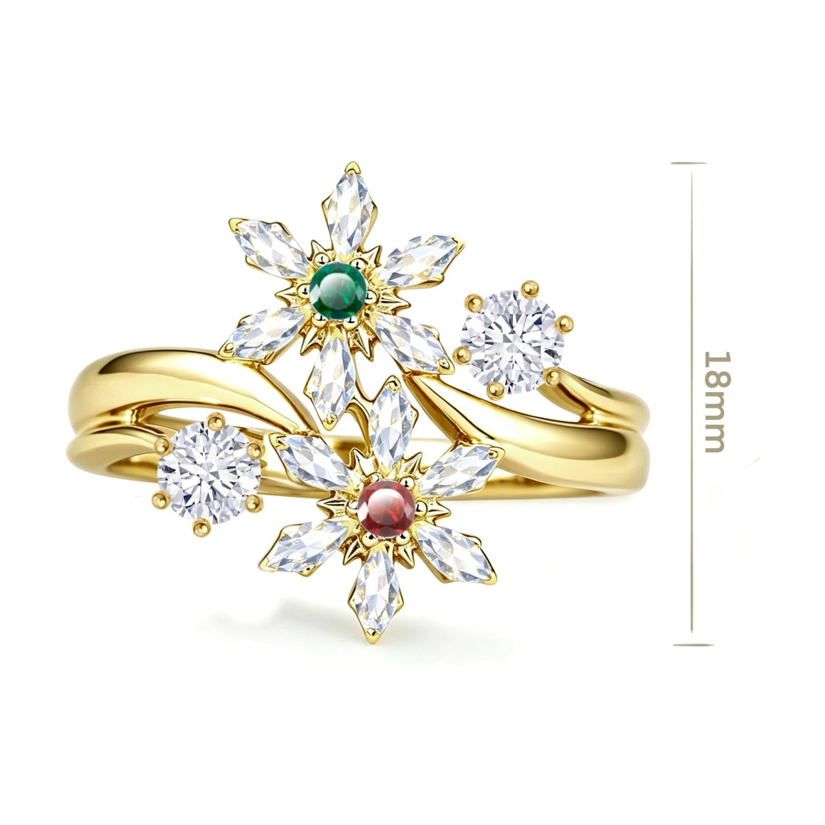 Christmas ring collection with festive flower, gingerbread, red, green, and clear stone details