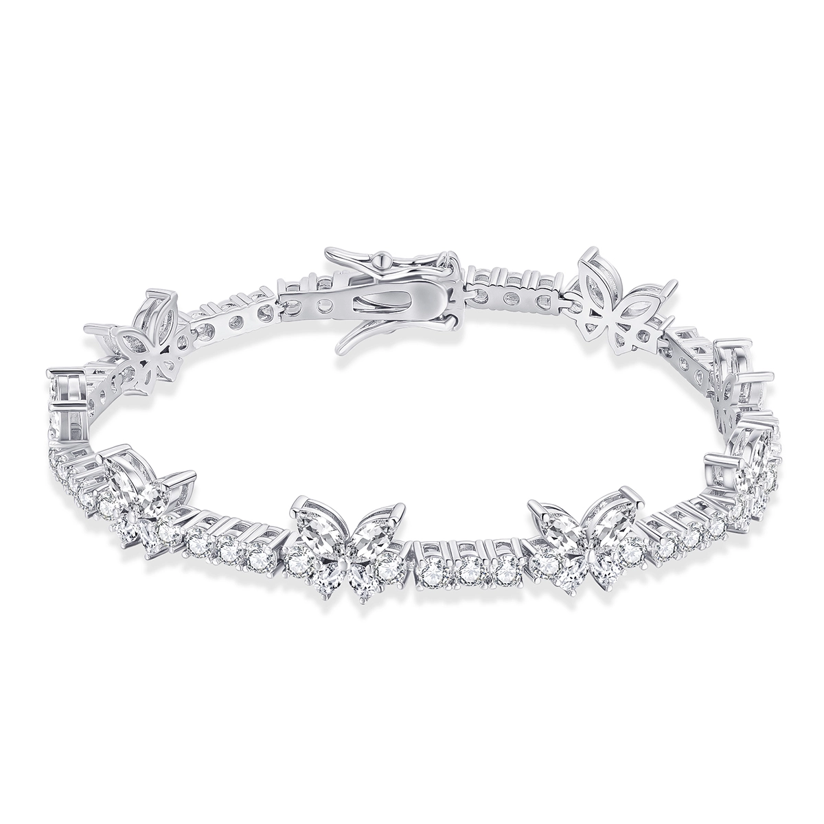 Cubic zirconia tennis bracelet with butterfly motifs and clear stone setting