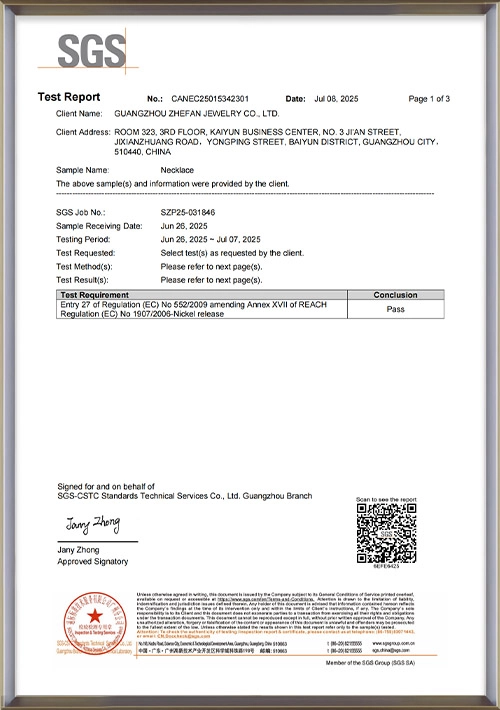 Lead&Nickel Free Report-SGS - Zhefan Jewelry
