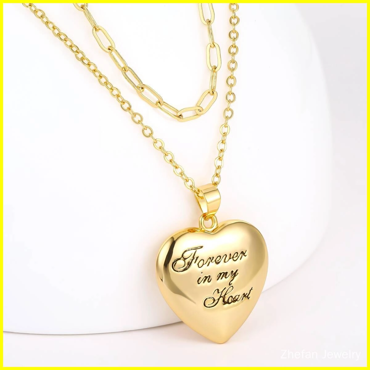 Paper Clip Chain Puffy Heart Pendant Necklace - Brass 2 - Zhefan Jewelry