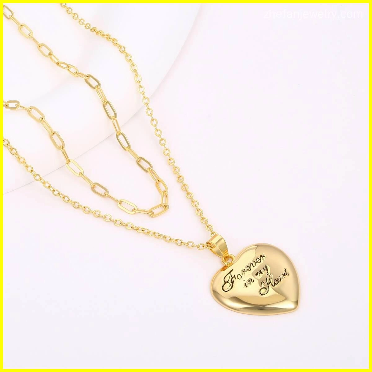 Paper Clip Chain Puffy Heart Pendant Necklace - Brass 4 - Zhefan Jewelry