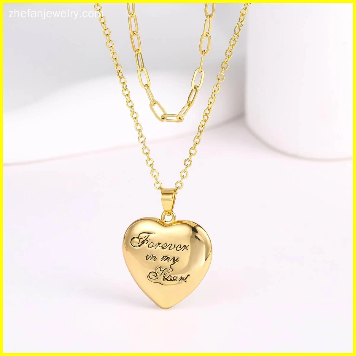 Paper Clip Chain Puffy Heart Pendant Necklace - Brass 5 - Zhefan Jewelry