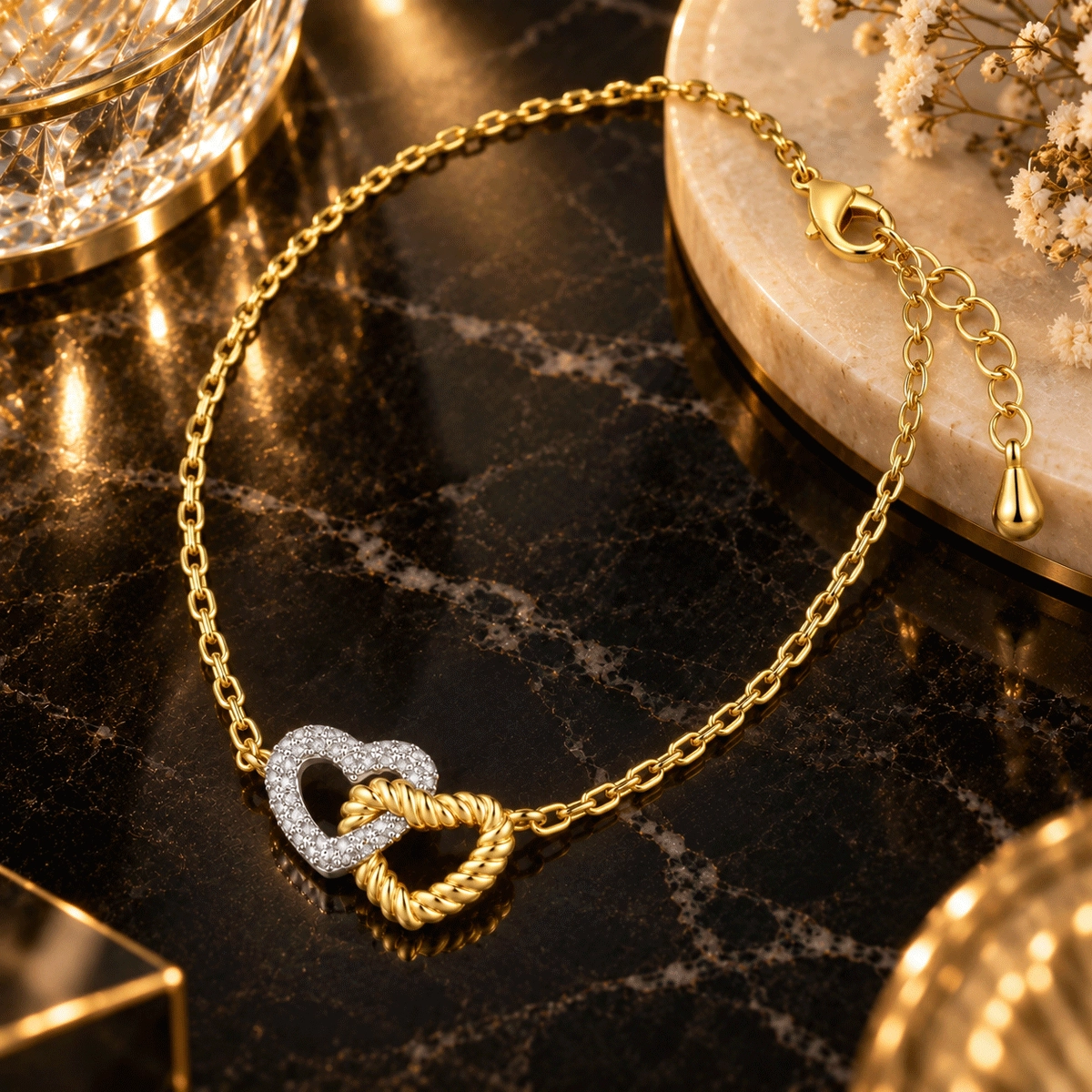 Pendant necklace in 925 sterling silver with CZ pavé double heart structure for custom jewelry collections - Zhefan Jewelry