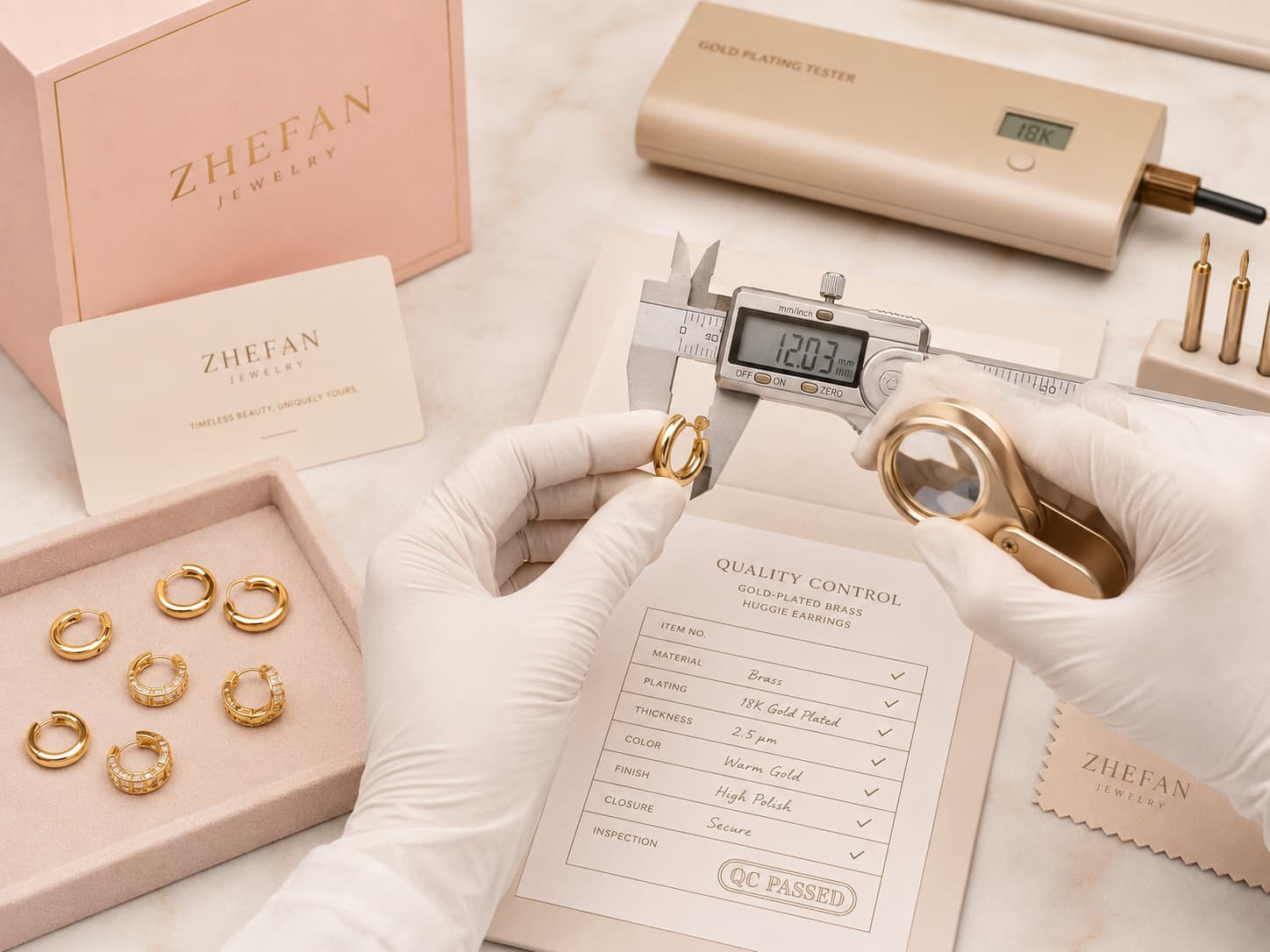 Quality control for gold plated brass huggie earrings