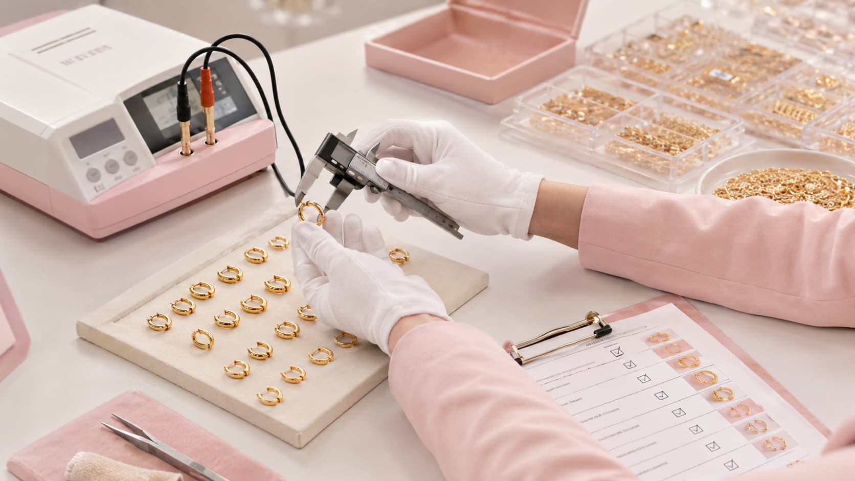 Quality control inspection for gold plated brass huggie earrings
