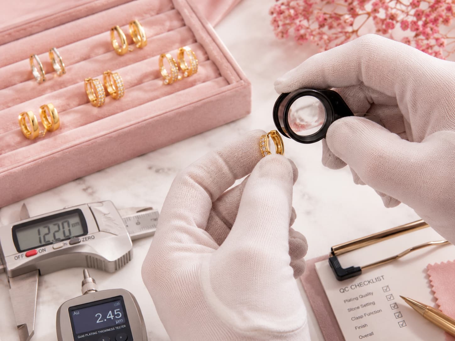 Quality control inspection for gold plated brass huggie earrings