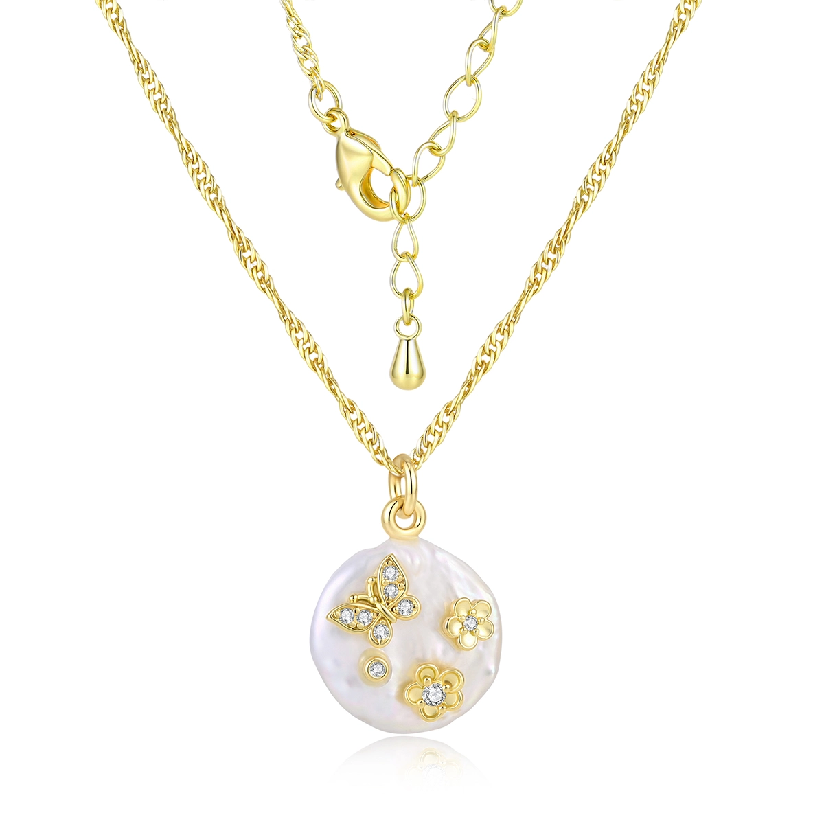 Custom 925 silver baroque pearl pendant necklace with butterfly and floral details - Zhefan Jewelry