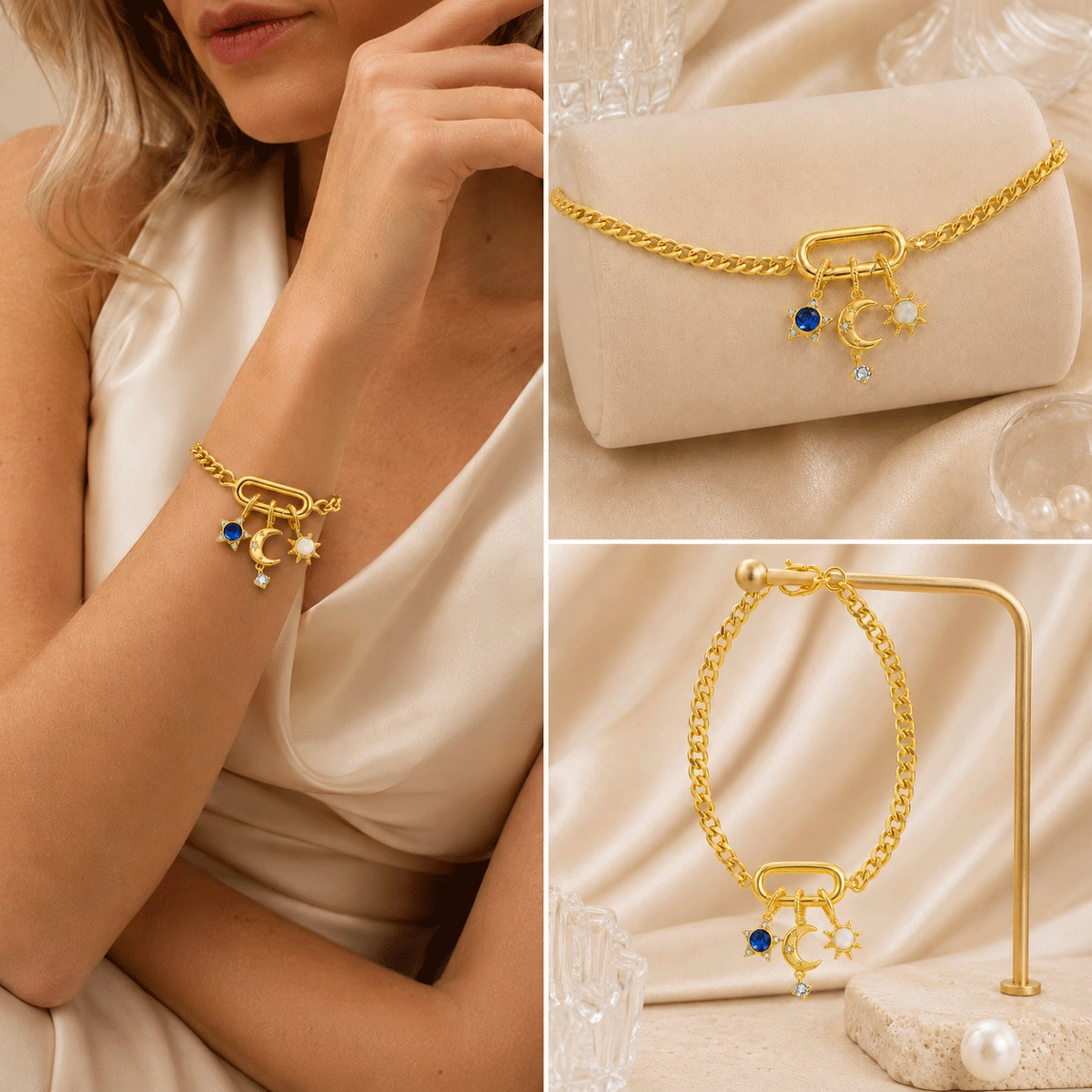 Star-Moon-Sun-Charm-Bracelet-Lifestyle-Collage - Zhefan Jewelry Star-Moon-Sun-Charm-Bracelet-Lifestyle-Collage - Zhefan Jewelry
