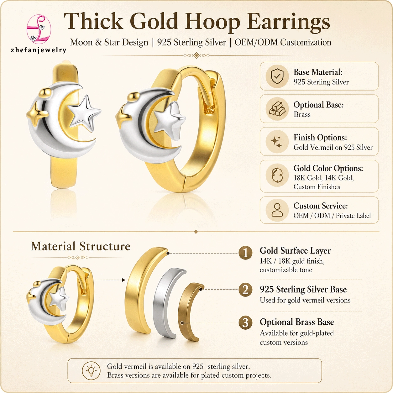 wholesale-gold-vermeil-925-silver-hoop-earrings Wholesale gold vermeil 925 silver hoop earrings with a two-tone moon and star design